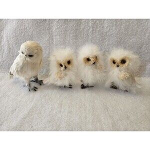 Set Of 4 White Owl Figurines Feather Farmhouse Winter Decor